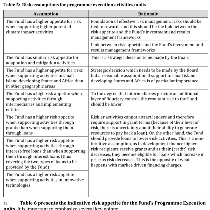 Table 5:  Risk assumptions for programme execution activities/units 