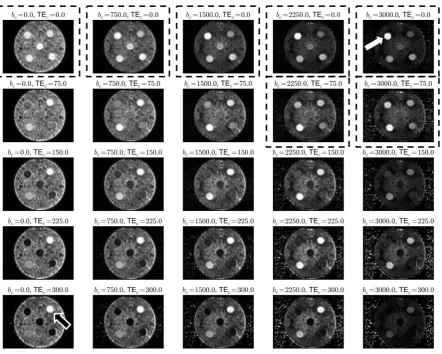 Figure 3: T2-cDWI images of the diffusion test-object at varying computed b-values, bc 