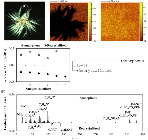 Figure 1. Indomethacin crystalline nuclei on amorphous quench cooled films observed by two microscopy techniques: (A) polarized mi-croscopy and ToF-SIMS imaging of (B) C6H16N+ secondary ion (m/z = 102.13) and (C) C6H4Cl+ secondary ion (m/z = 110.99) normal
