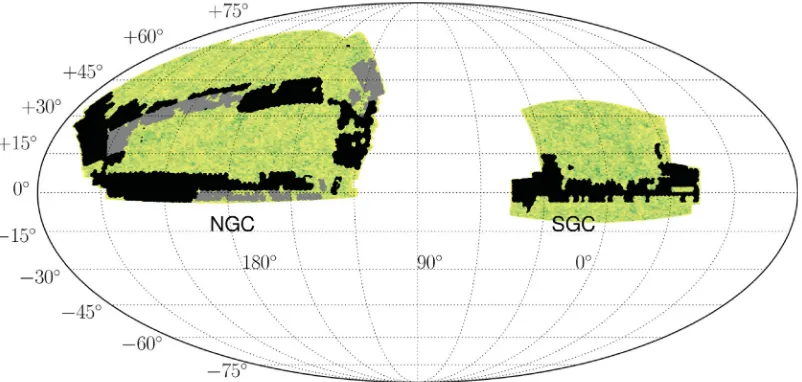 Figure 2. The on-sky distribution (equatorial coordinates) of our sample, with the North and South Galactic Caps (NGC and SGC, respectively) labelled forreference