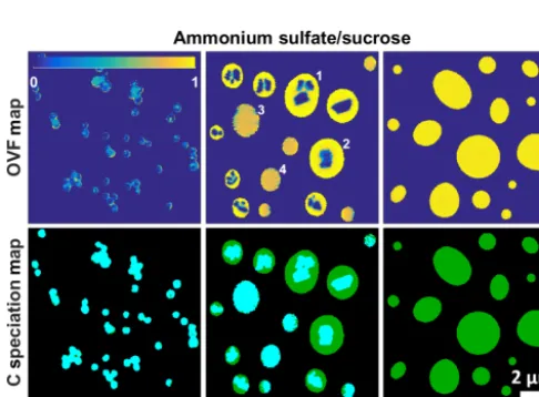 Figure 3. Representative organic volume fraction (OVF) maps andC-speciation maps for the sodium chloride / sucrose system