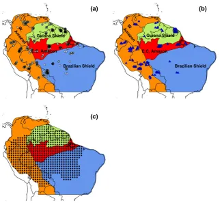 Fig. 1 Location of plots used to calculate (a) above-ground woody biomass, (b) above-ground woody productivity and stem and bio-split into regions (shown by different colours) that are deﬁned in Feldpauschmass-based mortality and (c) the position of the kr