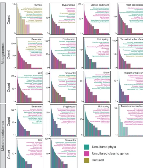 FIG 4 Rank abundance plots by taxonomic genus assignments for metagenomic data (top three rows) and metatranscriptomic data (bottom two rows).Listed in each box are the top 10 most abundant genera for that environment in the format of phylum_lowest identiﬁ