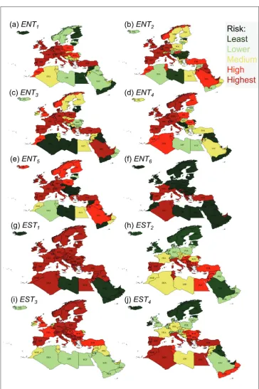 Figure 4. Maps of the risk indicators used for ranking potential for Xf entry (ENT) and establishment and spread (EST) as described in Table 1.