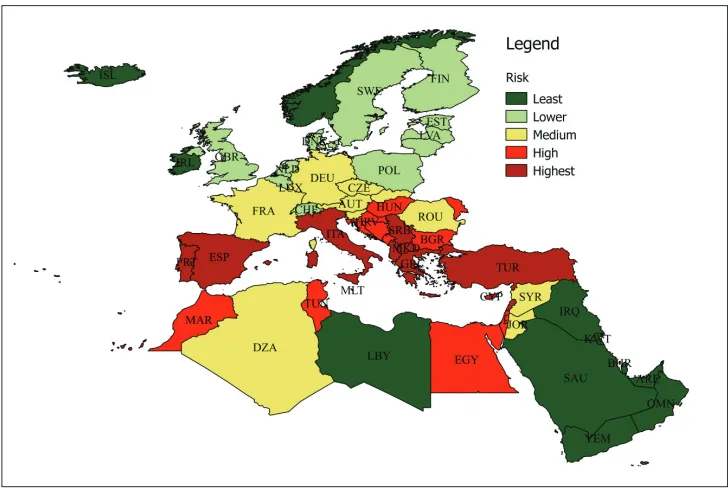 Figure 5. Rank categorization of Europe and MENA countries according to the six entry risk drivers of Xylella fastidiosa in relation to the importation of plants for planting, direct air flights and ferry traffic.