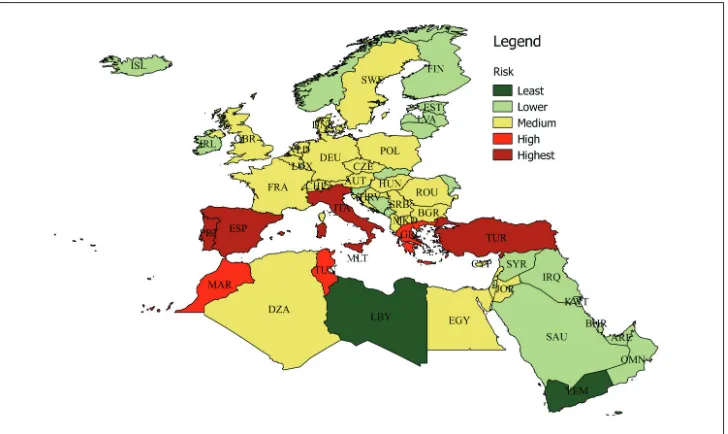 Figure 7. by Early et al.Overall rank categorization of Europe and MENA region according to exposure to invasion Xf with respect to combined all entry, establishment and spread risk drivers and using the matrix of  (2016).