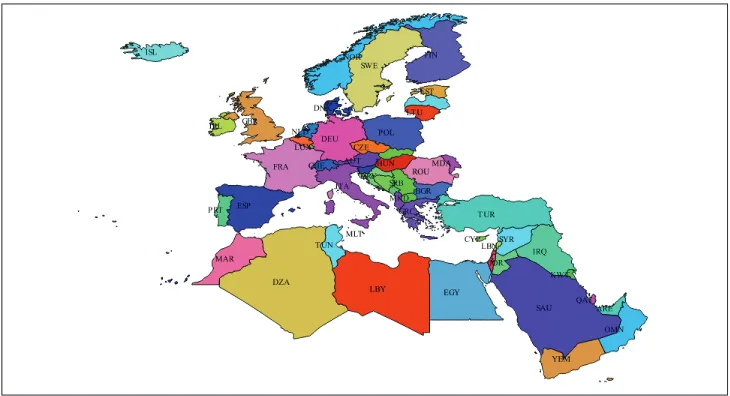 Figure 1. Countries including in the risk ranking model, labelled with their international codes (ISO3).