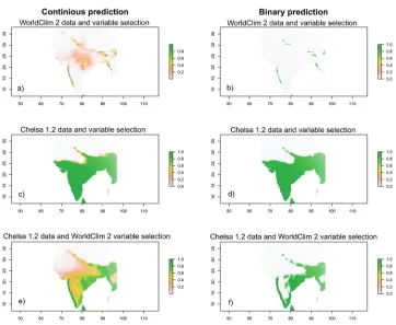 Figure 2. Model projection in South Asia showing the continuous probabilities (left) and binarised pre-diction (right) from the models