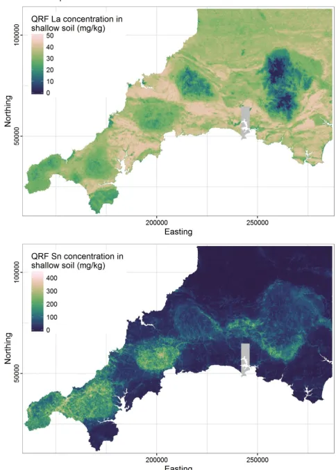 Fig. 4. Quantile regression forest predicted concentration maps for La and Sn in shallow soils