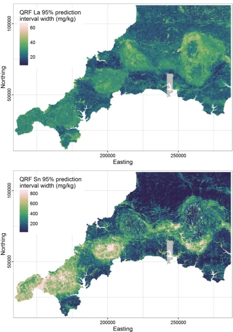 Fig. 5. Quantile regression forest prediction interval maps for La and Sn in shallow soils