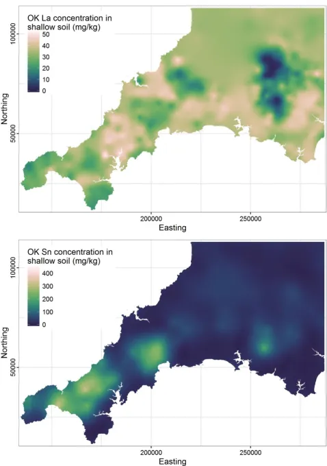 Fig. 6. Ordinary kriging predicted concentration maps for La and Sn in shallow soils, for comparison.
