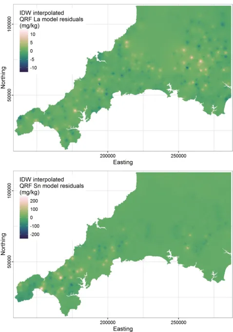 Fig. 7. Quantile regression forest residuals for La and Sn in shallow soils, interpolated using inverse distance weighting