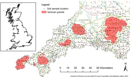 Fig. 1. Locations of 2012 field season G-BASE soil samples within the study area in south west England