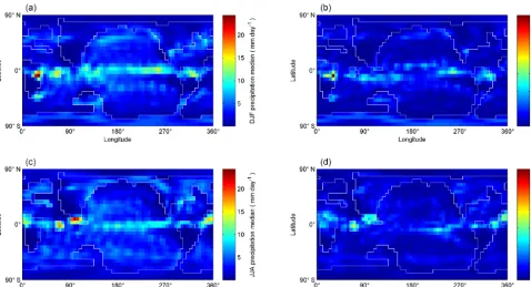 Figure 4. Ensemble precipitation medians (a, c) and standard deviations (b, d) in DJF (a, b) and JJA (c, d).