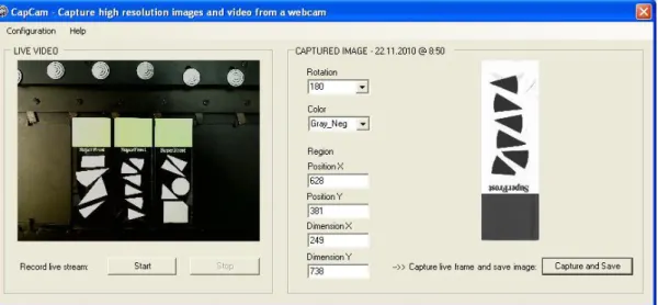 Figure 2: Main window of the software tool CapCam. Left: Full area live view  of the webcam