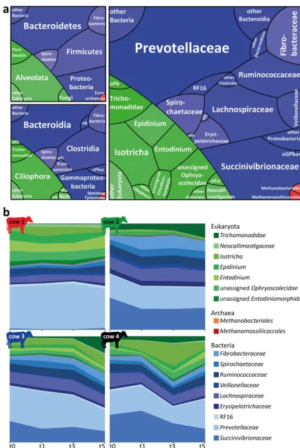 FIG 2Rumen microbiome community composition and temporal dynamics. (a) Three domain proﬁles showing the overall rumenmicrobial community composition on the phylum (upper left panel), class (lower left panel), and family (right panel) levels