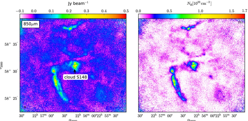 Figure 1. S148: (a) surface brightness map at 850 μm and (b) column density map of S148 at 850 μm using temperature derived from assuming a Td of 10 K.