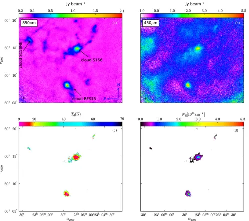 Figure 2. S156: (a) surface brightness map at 850 μm, (b) surface brightness map at 450 μm, (c) dust temperature map, and (d) column density map.