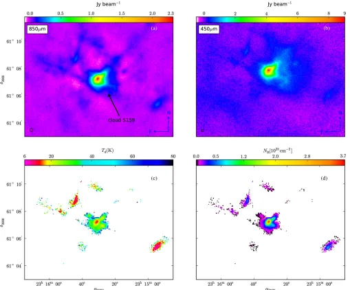 Figure 3. S159: (a) surface brightness map at 850 μm, (b) surface brightness map at 450 μm, (c) dust temperature map, and (d) column density map.