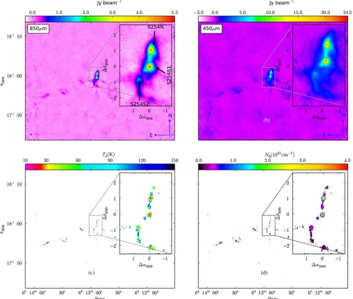 Figure 4. S254: (a) surface brightness map at 850 μm, (b) surface brightness map at 450 μm, (c) dust temperature map, and (d) column density map