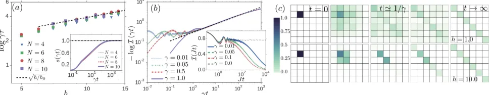 FIG. 2. (a) Scaling of the entropy for diﬀerent system sizes, and J = V = γ = 1.0 (data for N = 10 are averaged over 20random realizations)
