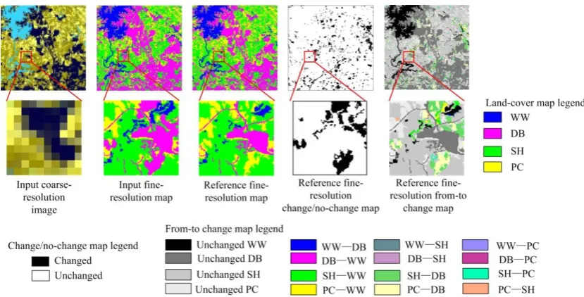 Fig. 3.  SRCD input and reference images of synthetic image experiment. The zoomed area contains 100 × 100 fine-resolution pixels