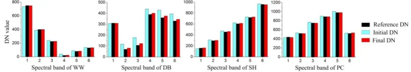 Fig. 8.  Reference endmember signatures (reference DN), estimated endmember signatures at t 0.5 (initial DN) and at t  0.3 (final DN) for the synthetic image experiment
