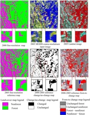 Fig. 9.  SRCD input and reference images of MODIS image experiment. The zoomed area contains 300 × 300 fine-resolution pixels