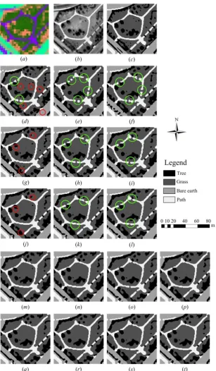 Figure 2. Reference and result maps for the simulated image experiment. (a) Simulated multi-spectral image (band 1-2-3), (b) panchromatic image, (c) reference map, (d) PSA with the highest overall accuracy, (e) HNN with the highest overall accuracy, (f) MR