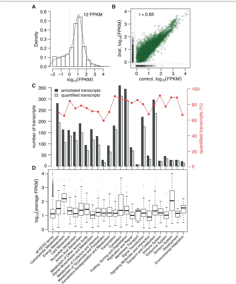Figure 2 Transcriptome analysis.expressed and functional. The majority of transcripts have FPKM values of about 12.correlate well.(dark gray) and quantified transcripts (light gray) are shown together with the percentage of quantified transcripts (red)