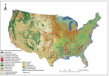 Figure 2.Figure 2. Locations of the six study areas as shown in the National Land Cover Database (NLCD) 2011 land cover map
