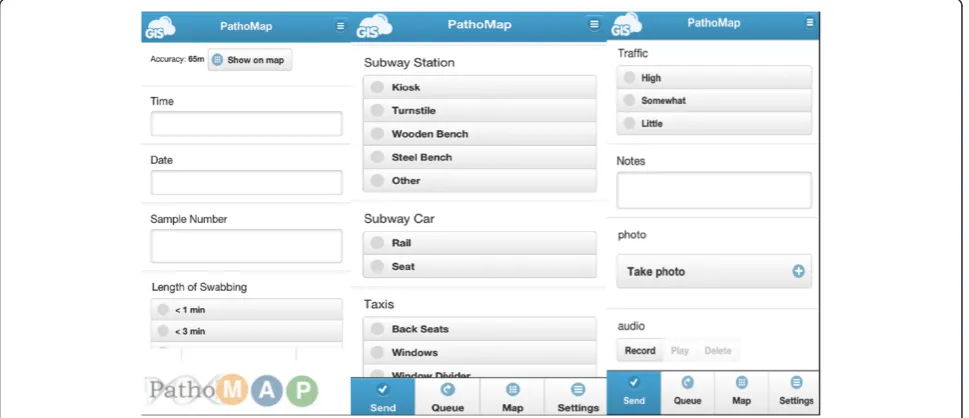 Figure 2 PathoMap app. Three screenshots from the PathoMap GIS Cloud Mobile Data Collection app for smartphones.