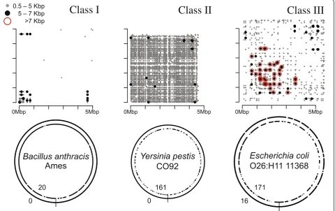 Figure 4 Three classes of microbial genome assembly complexity. The top row illustrates repeat content via an alignment dotplot in Bacillusanthracis Ames, Yersinia pestis CO92, and Escherichia coli O26:H11 11368