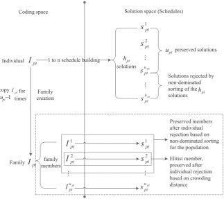 Fig. 6. The relationship between individuals, solutions (schedules) and family in the coding space and solution space.