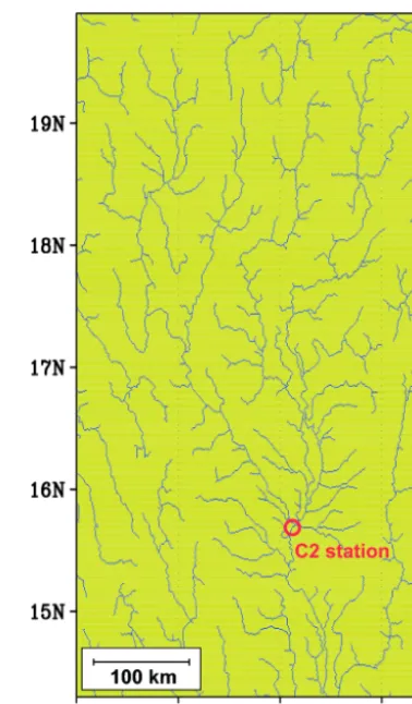 Figure 1. River channel structure in the Chao Phraya river basin.The ﬂow in the blue-colored grid is regarded as channel ﬂow