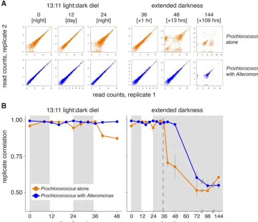 FIG 2Impact of coculture on Prochlorococcus transcriptome replicate concordance. (A) Scatterplots comparing relative transcript abundance for eachProchlorococcus ORF (individual dots) between two replicates at the indicated time points for the axenic (oran