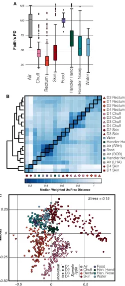 FIG 1 Overview of Shedd Aquarium microbial data. (A) Variations of Faith’s PD alpha diversity, food and airhaving signiﬁcantly higher values than other sites and dolphin sites (chuff, rectum, and skin) having lowerdiversity values