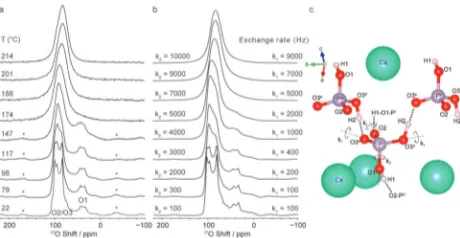Fig. 7(a)17O (16.4 T) variable-temperature MAS NMR spectrum ofCsH2PO4 and (b) simulated 17O lineshapes assuming exchange rates forrotations of k1 and k2