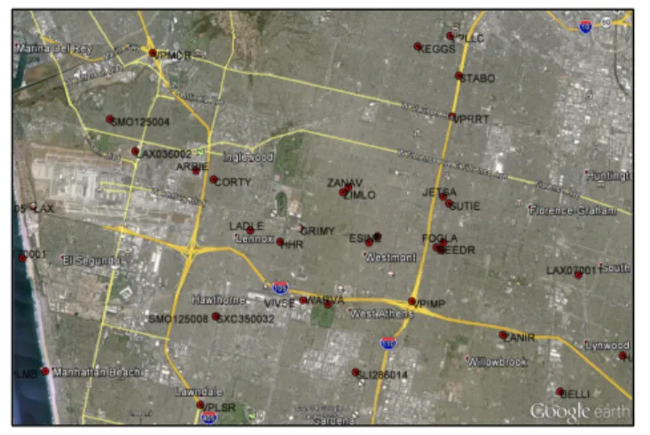 Figure 15. Fixes around LAX, retrieved from  GeoServer, displayed on Google Earth 