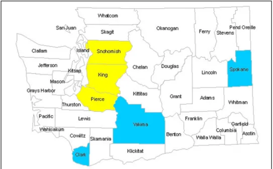Figure 1 contains a map of Washington with the intervention and selected comparison  counties highlighted