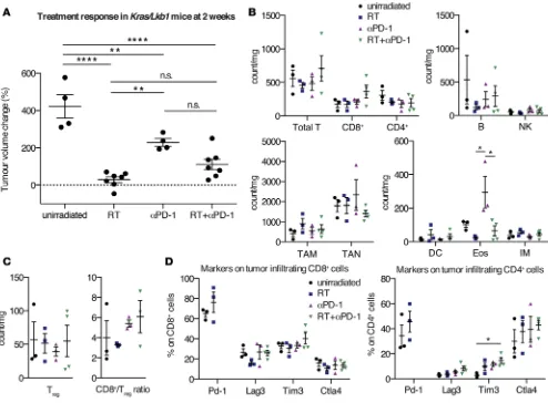 Figure 5. Phenotyping of tumor-associated immune cell populations after RT, αbers of tumor-infiltrating lymphoid cells and myeloid cells of tumors from indicated treatment groups