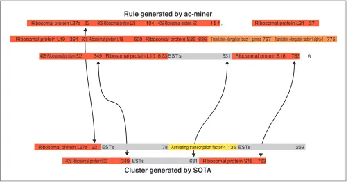 Figure 6Side-by-side comparison of one rule generated by ac-miner, belonging to the longest set and one cluster generated by SOTA (see Additional data files).