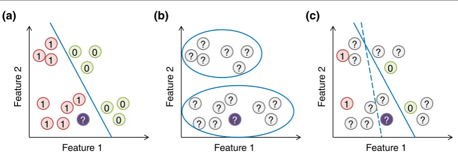 Figure 2. Supervised, unsupervised and semi-supervised learning. (a) In supervised learning, the model (blue line) is learned based on the positive and negative training examples, and the genomic region without a known class label (purple circle) is classi