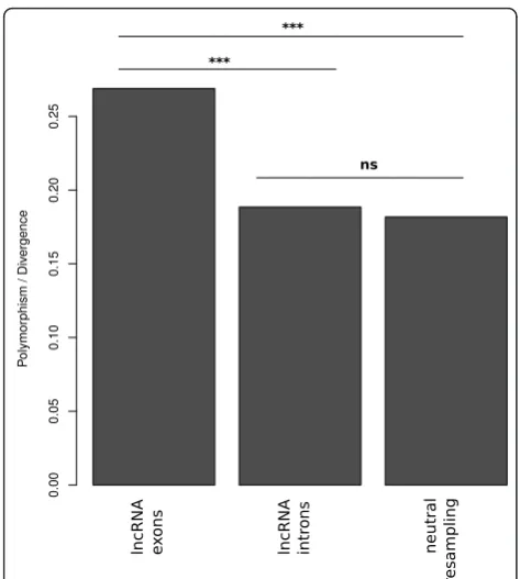 Figure 2 McDonald-Kreitman test for lncRNA exons andintrons. Small intronic sequences (≤86 nt, disregarding the first 6 ntand last 16 nt) were used as a proxy for neutrally evolvingsequences