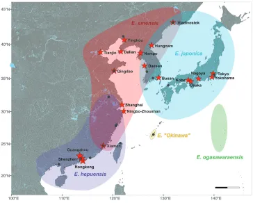 Figure 1. Native distribution of mitten crabs of the genus Eriocheir. Map redrawn from Xu et al. (2009), and species ranges interpolated around their sampling sites (marked by grey points) for each lineage to highlight range overlaps