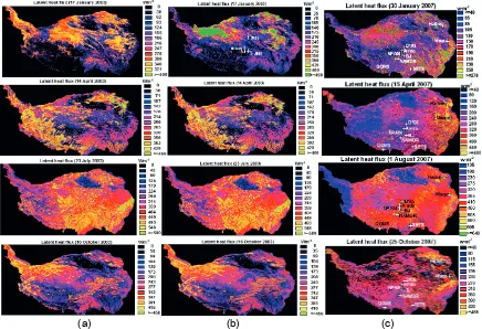 Fig. 2 Distribution maps of latent heat flux over the Tibetan Plateau area: (a) AVHRR-2003;  (b) MODIS-2003; and (c) MODIS-2007