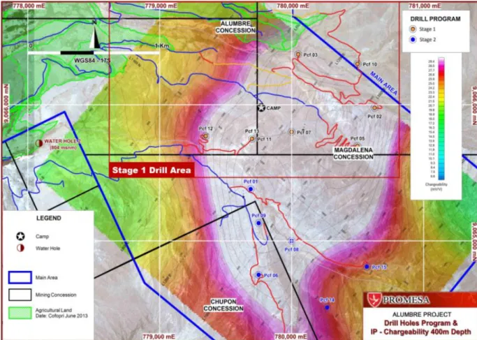 Figure 2 - Alumbre Project showing the very strong Chargeability response at a depth of 400m and the drill  pad location of the 3 stage 5,600m proposed Diamond Drilling Program