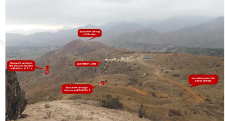 Figure 4 – Regional overview of the project area looking down the hill over platform 7 towards the camp  Figure 5 shows moderate to strong quartz stockworking, strong iron oxide development in both the  intrusive rock itself and associated with the stockwo