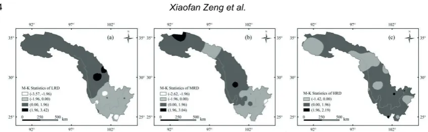 Fig. 7 Spatial changes of M-K statistics of rainy days during 1961–2010: (a) LRD, (b) MRD, (c) HRD