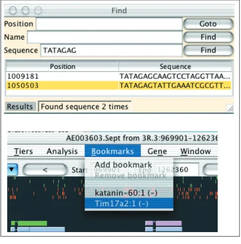 Figure 6Zooming provides additional information. In the top panel, which showsan intermediate level of zoom, the start and stop codons in all threeframes appear as green and red tick marks, then the BLASTX similaritiesto other species (orange bars) and fin